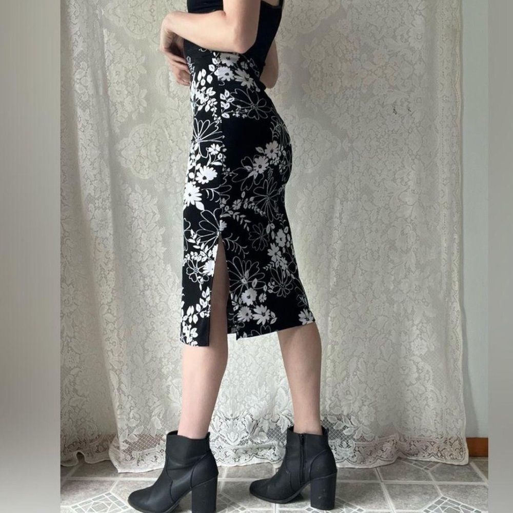 Vintage 90s PS Dew Sutton Black White Floral Midi Skirt Slit - Picture 9 of 9